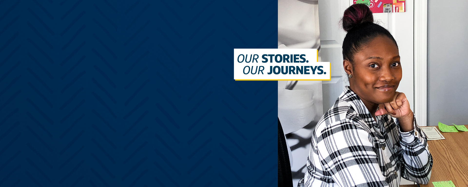 Vee, Capital One associate, sits at her desk next to a blue background with a logo that says "Our stories, our jorneys."