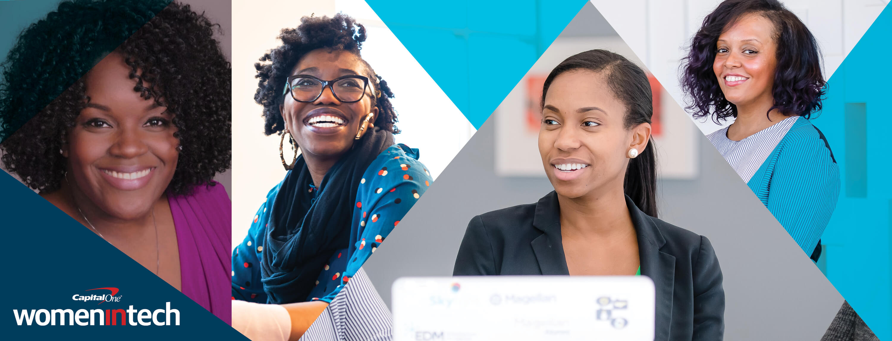 Capital One associates sit around a table talking showcasing women in Tech