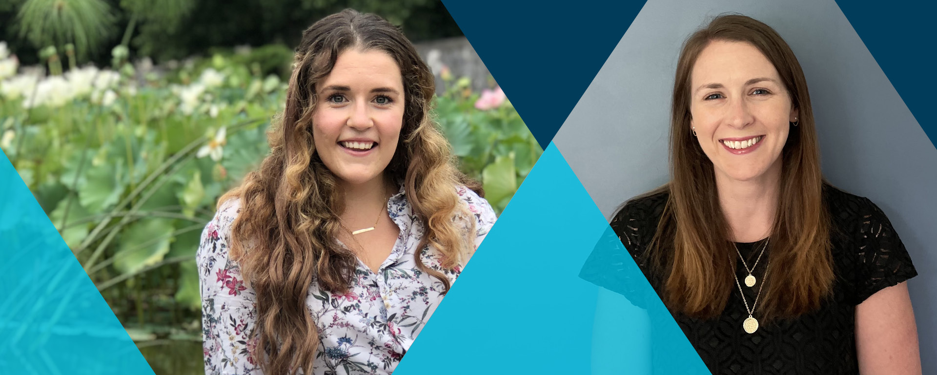 Two Capital One associates with a triangular blue image treatment, talking about providing a nurturing work environment to underrepresented groups