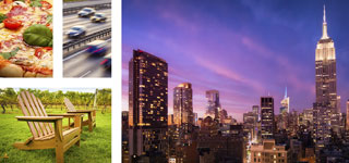 collage of images including a photo of pizza, new york city and an adirondack chair